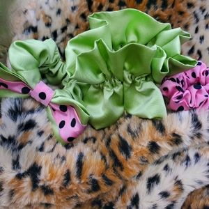 Set of 3  Satin scrunchies Green, Pink with Black Polka dot
